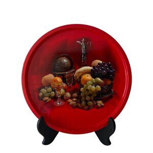 Red Elite England Round Serving Tray Wine Cheese Design metal VTG